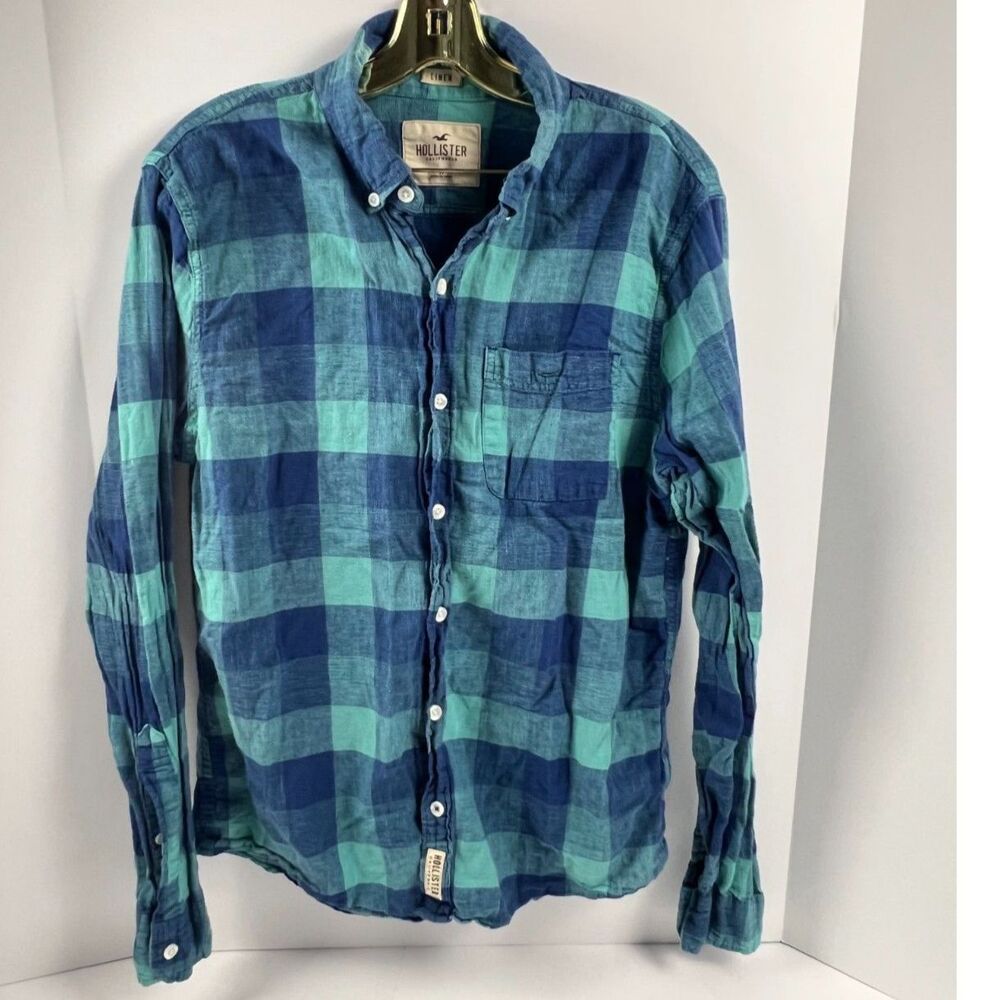 Hollister Co. Linen Blend Blue/Mint Green Plaid Long Sleeved  Shirt Men's M EUC